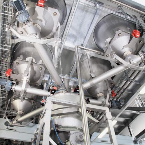 Daxner Exact dosing of all component batch sizes through dosing screws into the weighing bins - Pneumatic feeding into the dissolver-blender