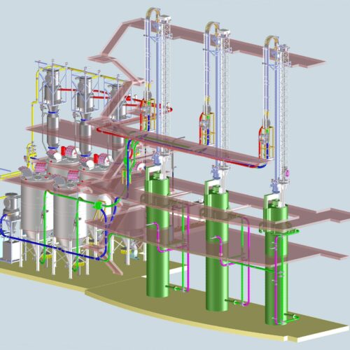 Daxner Konstruktion Engineering 3D CAD Daxner Extrusionsanlage für die Herstellung von Folien mit Verarbeitung von Recyclingmaterial und Beimengung von Füllstoffteilen (Kreide) New extrusion system for polymer production with raw materials such as Calciumcarbonat and Talkum including the processing of recycled materials.