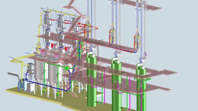 Daxner Konstruktion Engineering 3D CAD Daxner Extrusionsanlage für die Herstellung von Folien mit Verarbeitung von Recyclingmaterial und Beimengung von Füllstoffteilen (Kreide) New extrusion system for polymer production with raw materials such as Calciumcarbonat and Talkum including the processing of recycled materials.