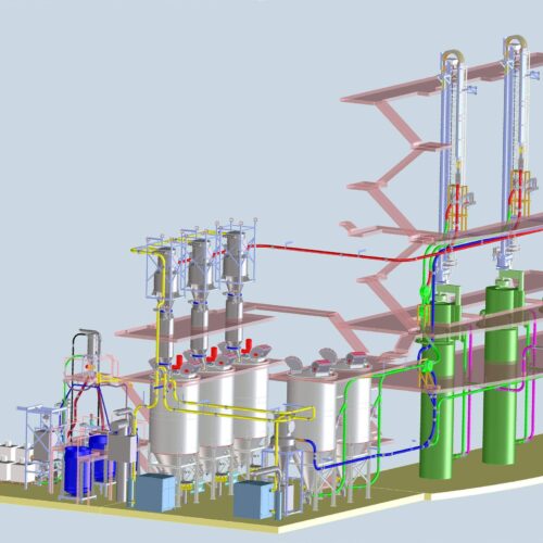 Daxner Konstruktion Engineering 3D CAD Daxner Extrusionsanlage für die Herstellung von Folien mit Verarbeitung von Recyclingmaterial und Beimengung von Füllstoffteilen (Kreide) New extrusion system for polymer production with raw materials such as Calciumcarbonat and Talkum including the processing of recycled materials.